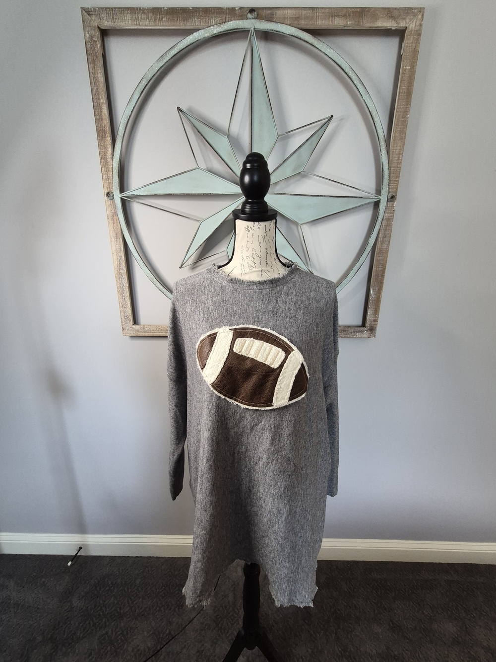 Lost Petal Linens Distressed Oversized Football Sweater Gray - M